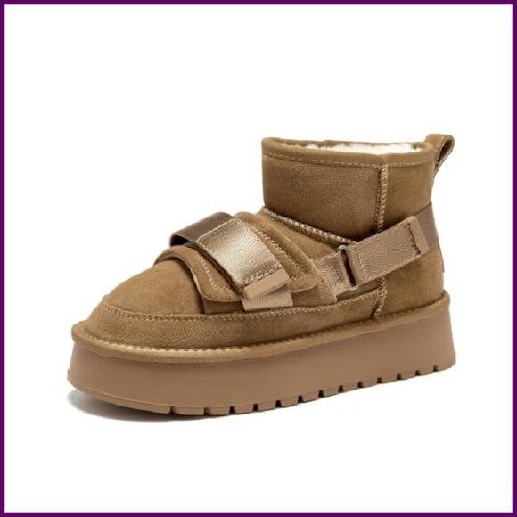 Women's Platform Ankle Boots Genuine Leather Winter Snow Boots Pull-on - Picture 2 of 8